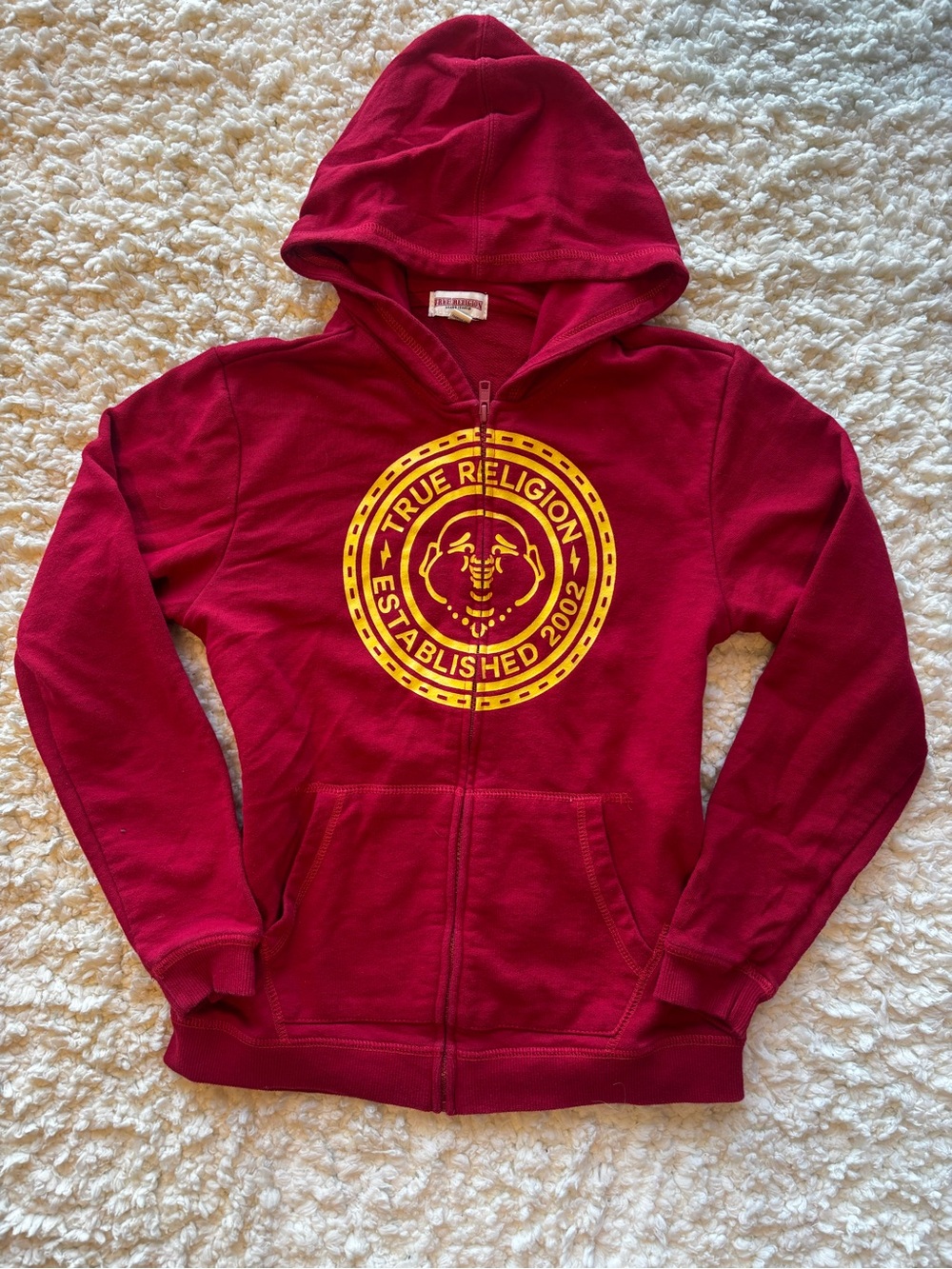 True Religion Red Zip-Up Hoodie with Yellow Logo